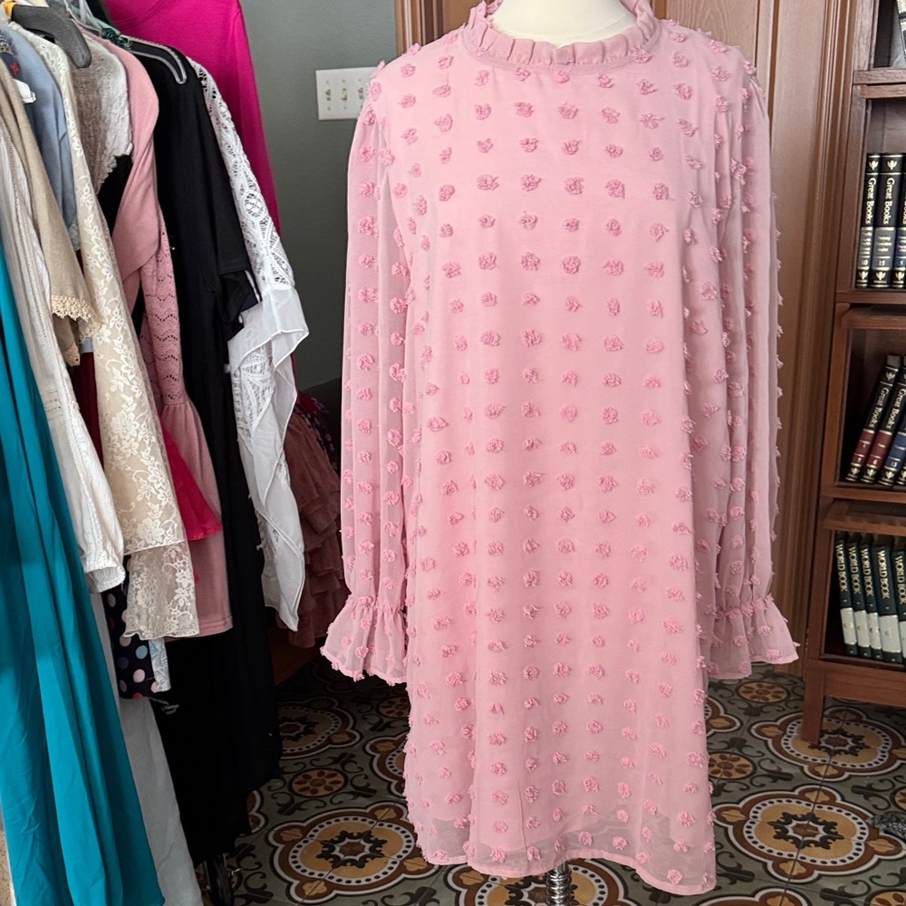 Pink Floral Dot Long Sleeve Ruffle Dress